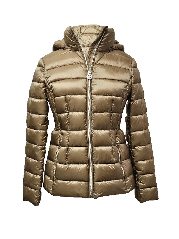 women's double-breasted coat -Michael Michael Kors Women's Hooded Packable Jacket, Dark Camel