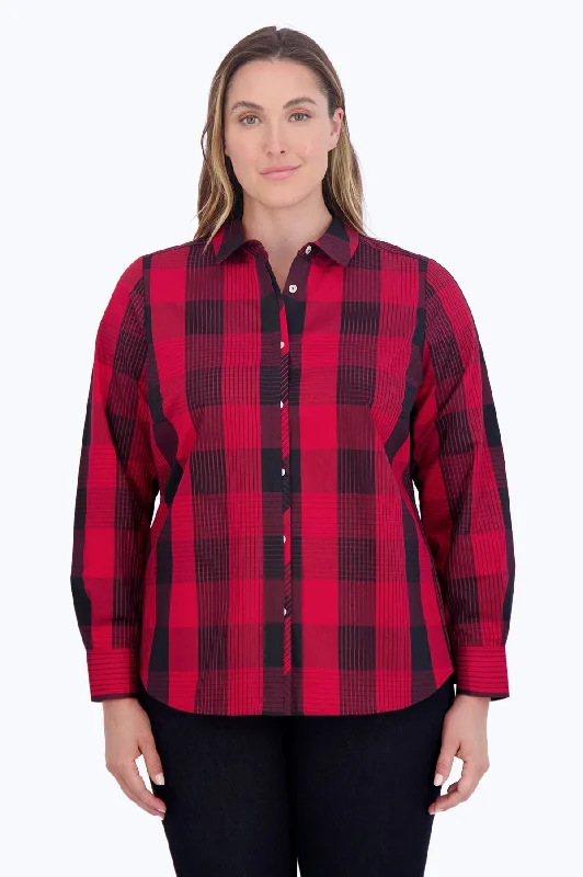 women's draped short sleeve blouse -Charlie Plus No Iron Buffalo Plaid Shirt