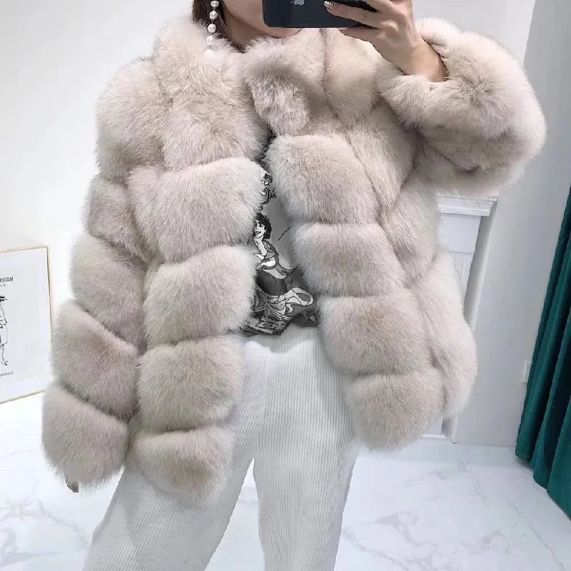 warm down coat for women -Fox Fur Panel Mid Lenght Fur Coat