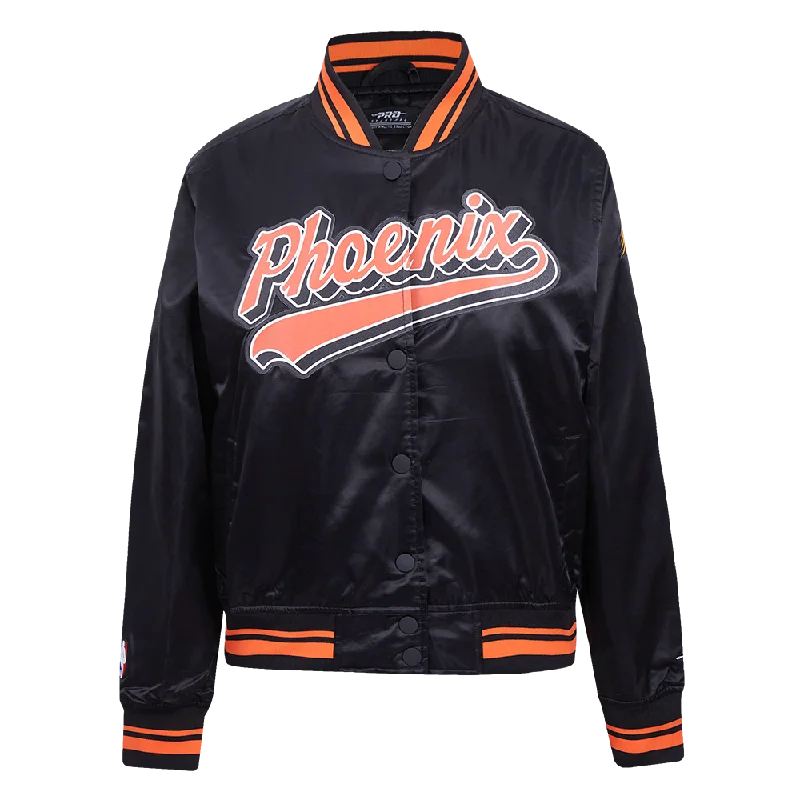 ladies' wool overcoat -NBA PHOENIX SUNS SCRIPT TAIL WOMEN'S SATIN JACKET (BLACK/ORANGE)