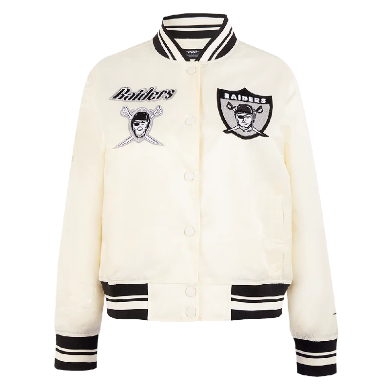 ladies' cashmere overcoat -NFL OAKLAND RAIDERS RETRO CLASSIC WOMEN'S RIB SATIN JACKET (EGGSHELL/ BLACK)