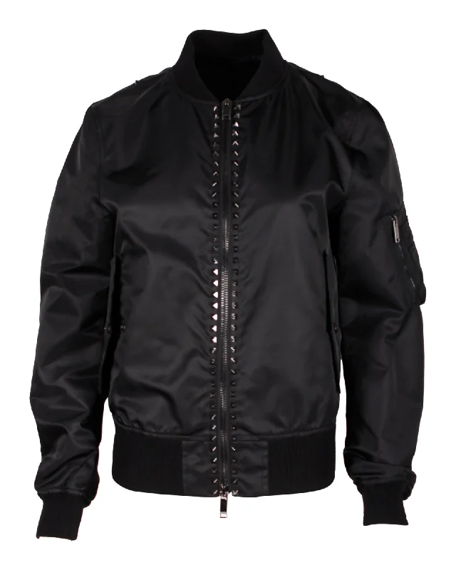 waterproof windproof raincoat for women -Valentino Garavani Rockstud Bomber Jacket in Black Nylon