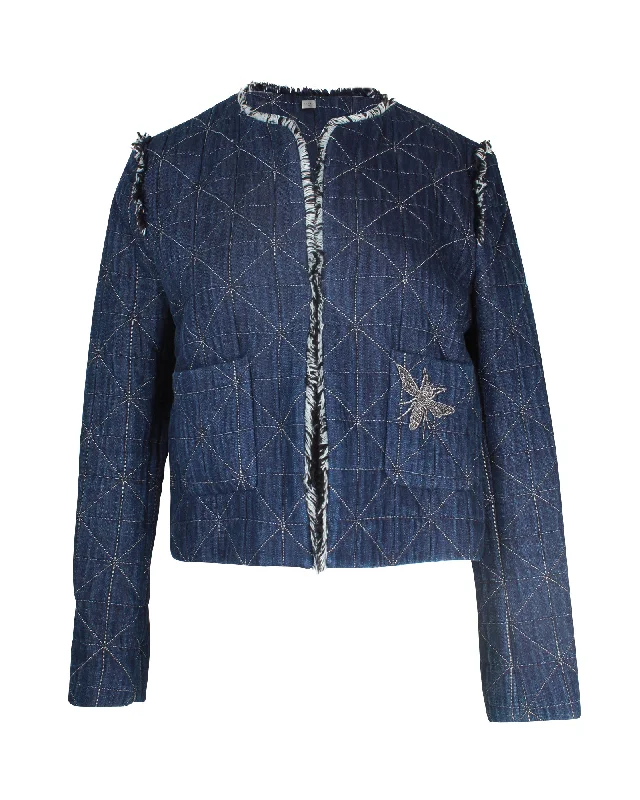 cropped faux leather jacket for women -Sandro Paris Quilted Jacket in Blue Cotton