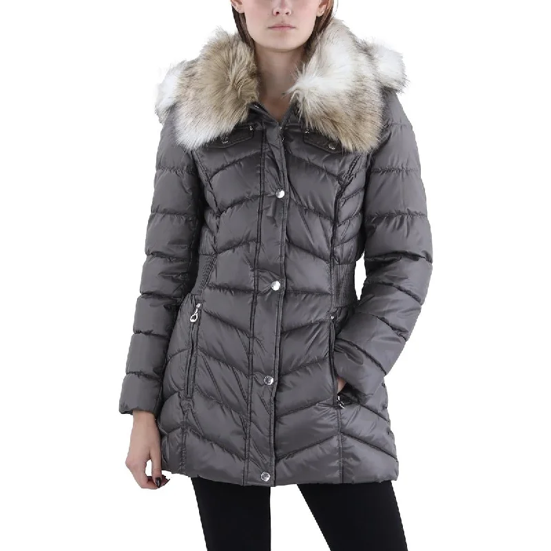 versatile trench coat for ladies -Laundry by Design Womens Petites Faux Fur Trim Hooded Puffer Jacket