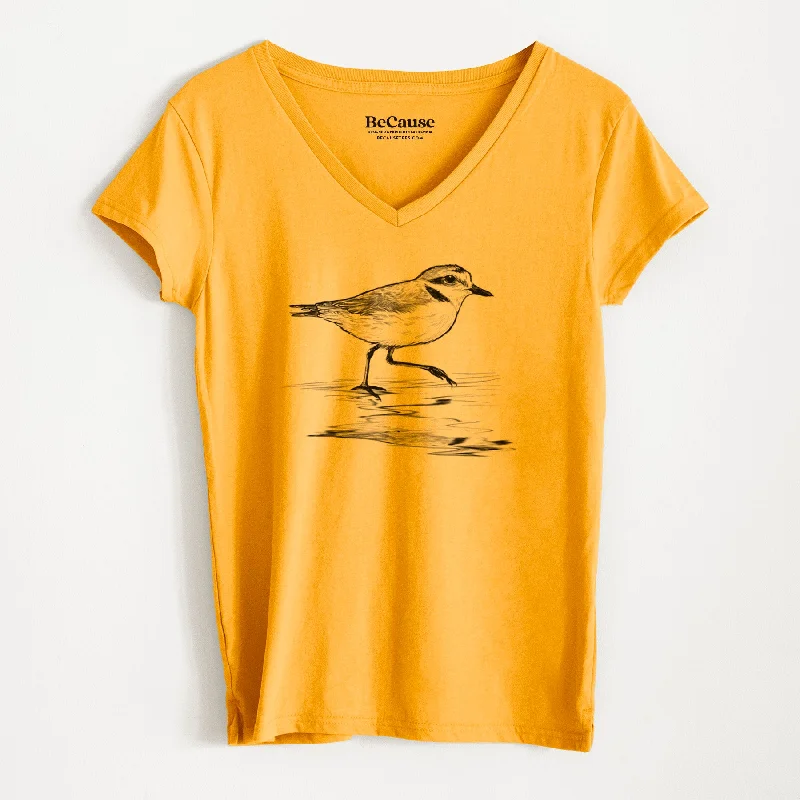 ribbed knit short sleeve t-shirts for women -Western Snowy Plover - Charadrius nivosus nivosus - Women's 100% Recycled V-neck