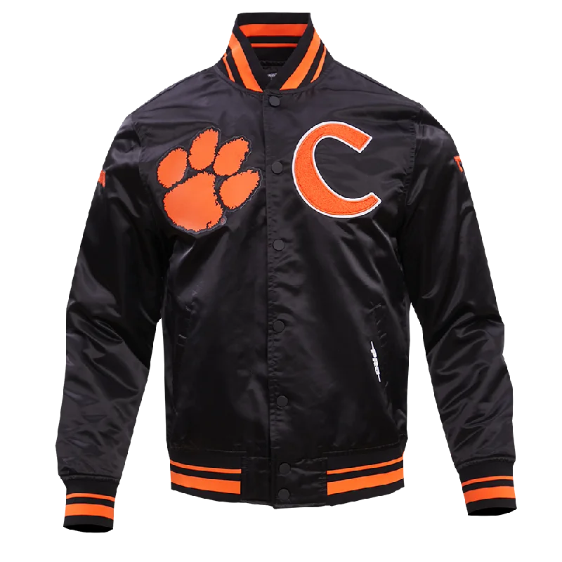 oversized women's coat -CLEMSON UNIVERSITY CLASSIC RIB SATIN JACKET (BLACK/ORANGE)