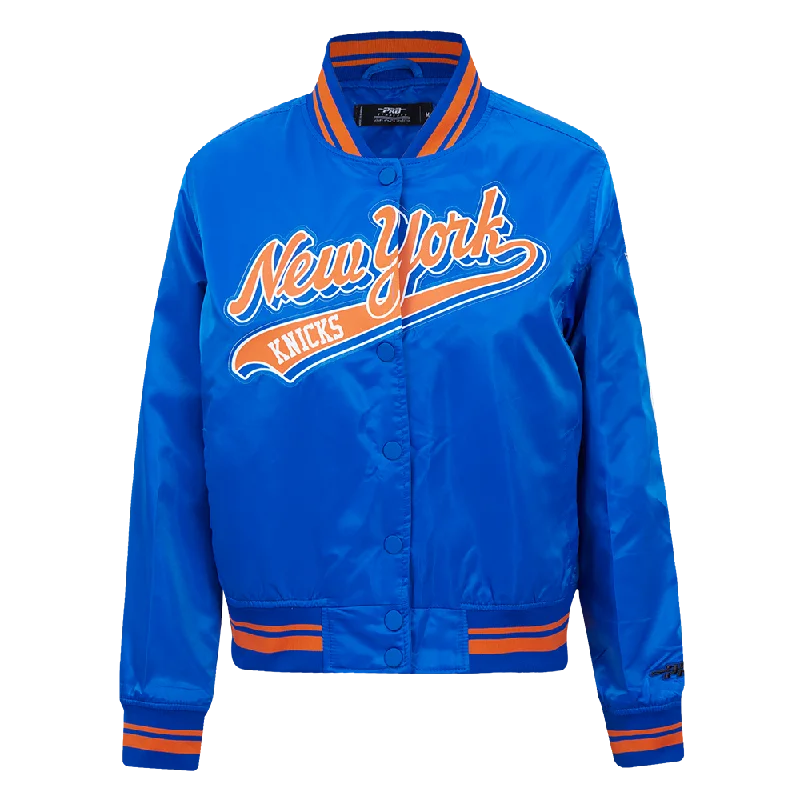 ladies' puffer jacket -NBA NEW YORK KNICKS SCRIPT TAIL WOMEN'S SATIN JACKET (ROYAL/ORANGE/ROYAL)