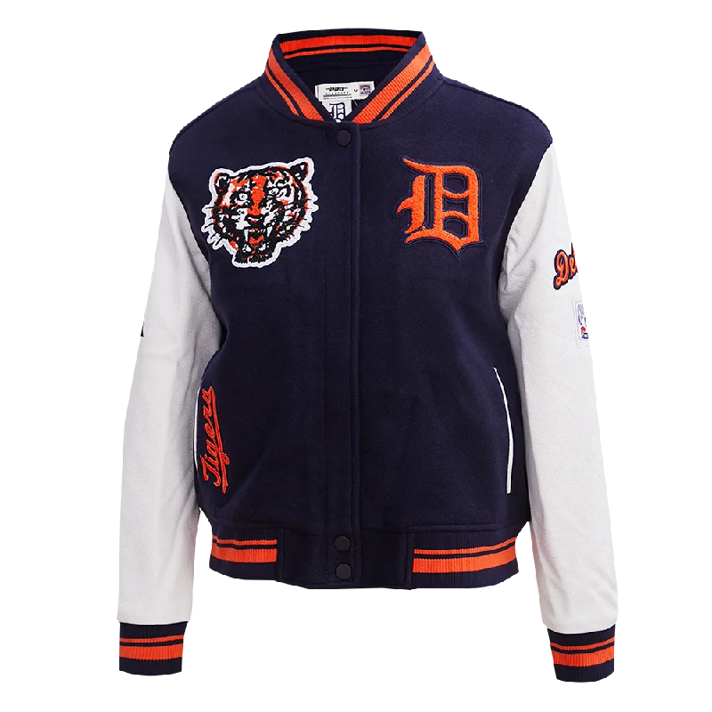 sleek satin bomber jacket for women -MLB DETROIT TIGERS RETRO CLASSIC WOMEN'S RIB WOOL VARSITY JACKET (MIDNIGHT NAVY/ORANGE/ MIDNIGHT)