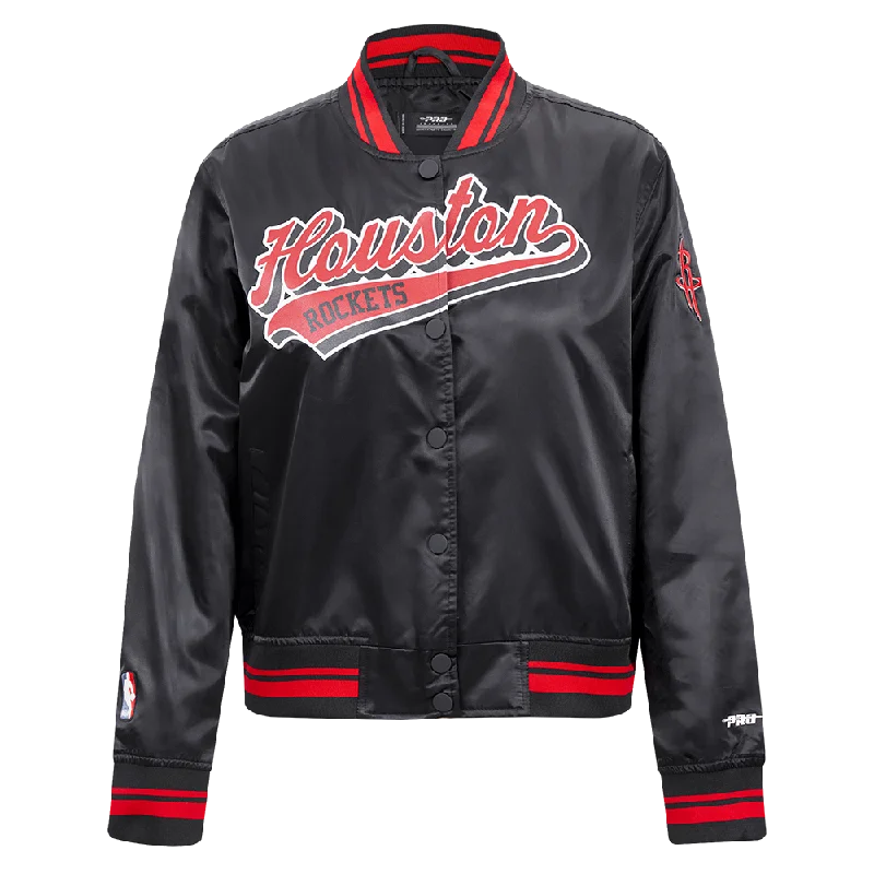 women's hooded winter jacket -NBA HOUSTON ROCKETS SCRIPT TAIL WOMEN'S SATIN JACKET (BLACK/RED/BLACK)