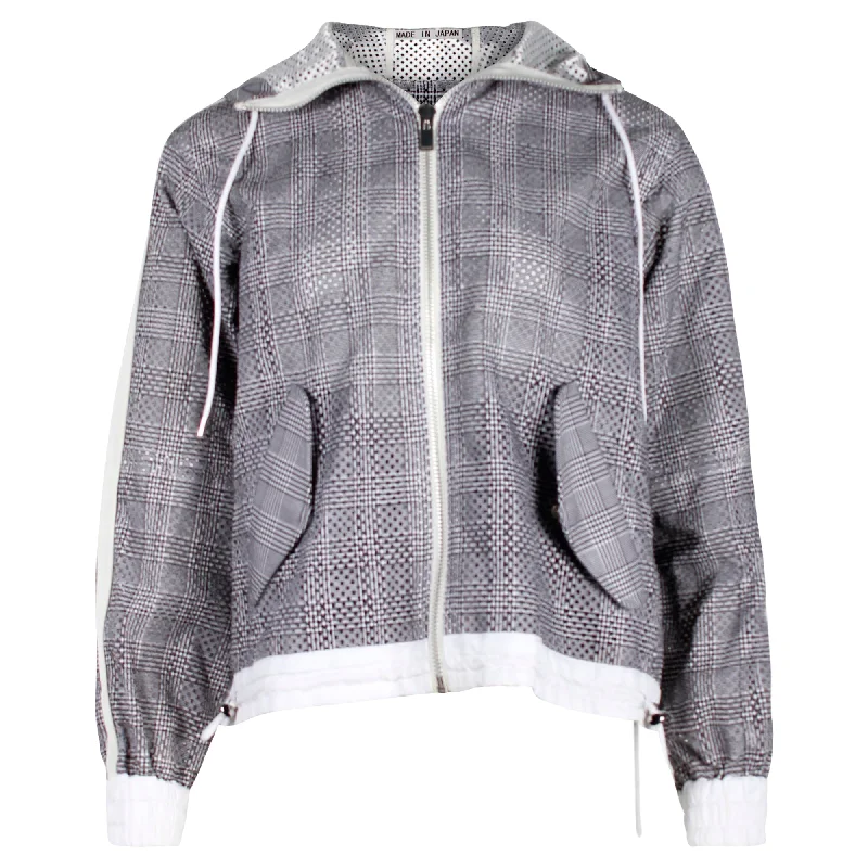 women's double-breasted coat -Sacai Checked Hooded Jacket in Grey Polyester