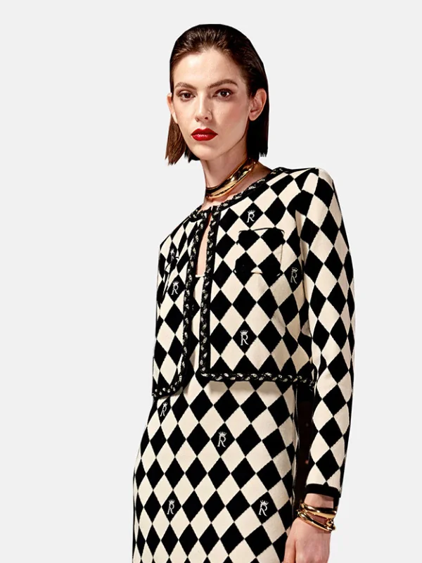 women's lightweight jacket -Checkerboard Cropped Cardigan