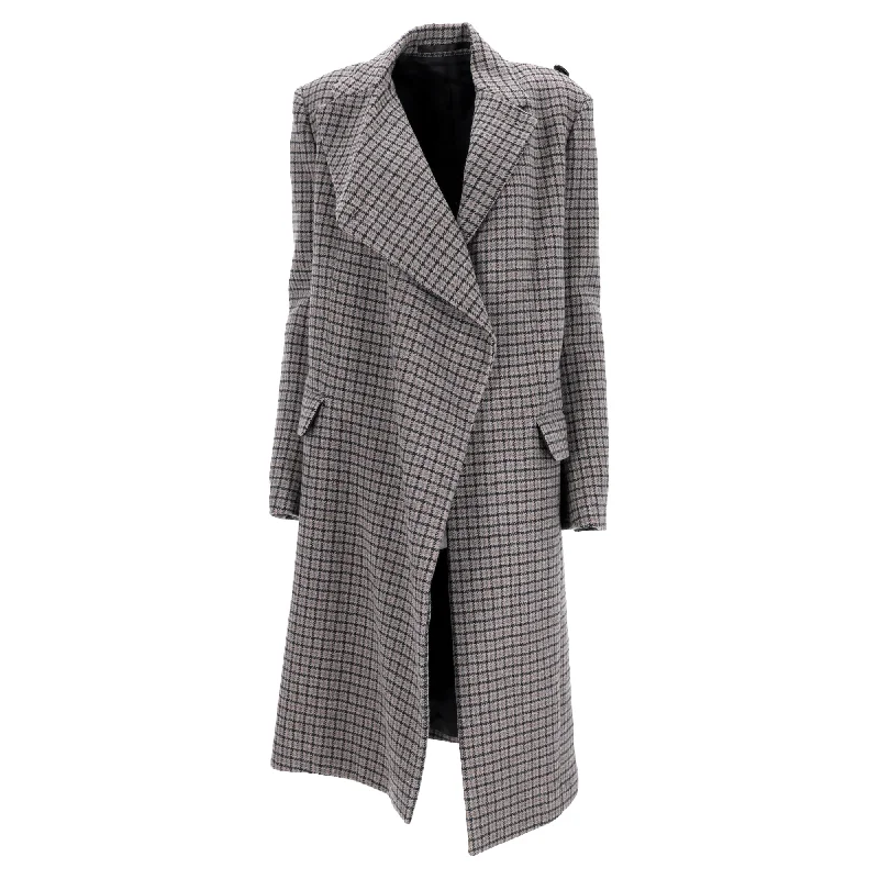 warm alpaca wool coat for ladies -Balenciaga Houndstooth Long Coat in Grey Wool