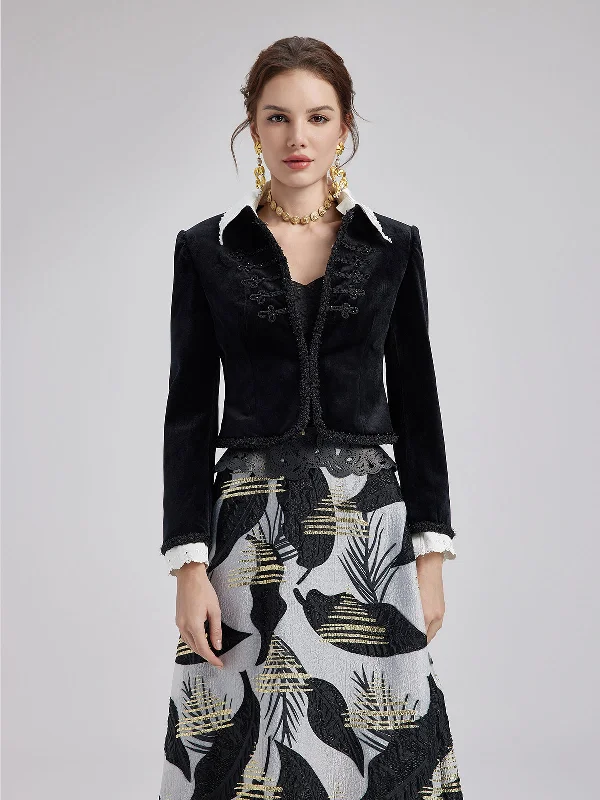 sporty track jacket for women -Baroque Embroidered Velvet Lace Coat