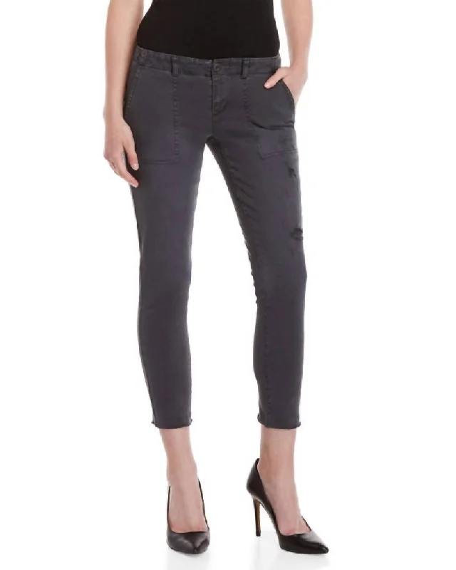 women's paperbag waist jeans -Twill Raw Hem With Distressed Lace-Up Detail Crop Pants In Grey