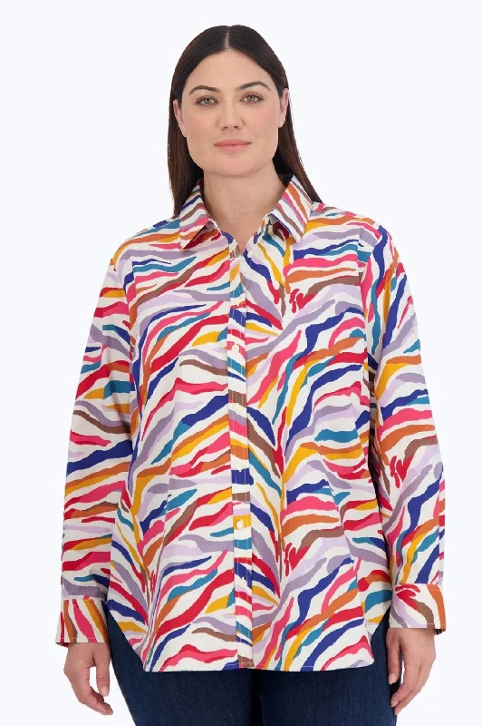 ladies' eco-friendly cotton short sleeve tees -Boyfriend Plus No Iron Colorful Zebra Tunic