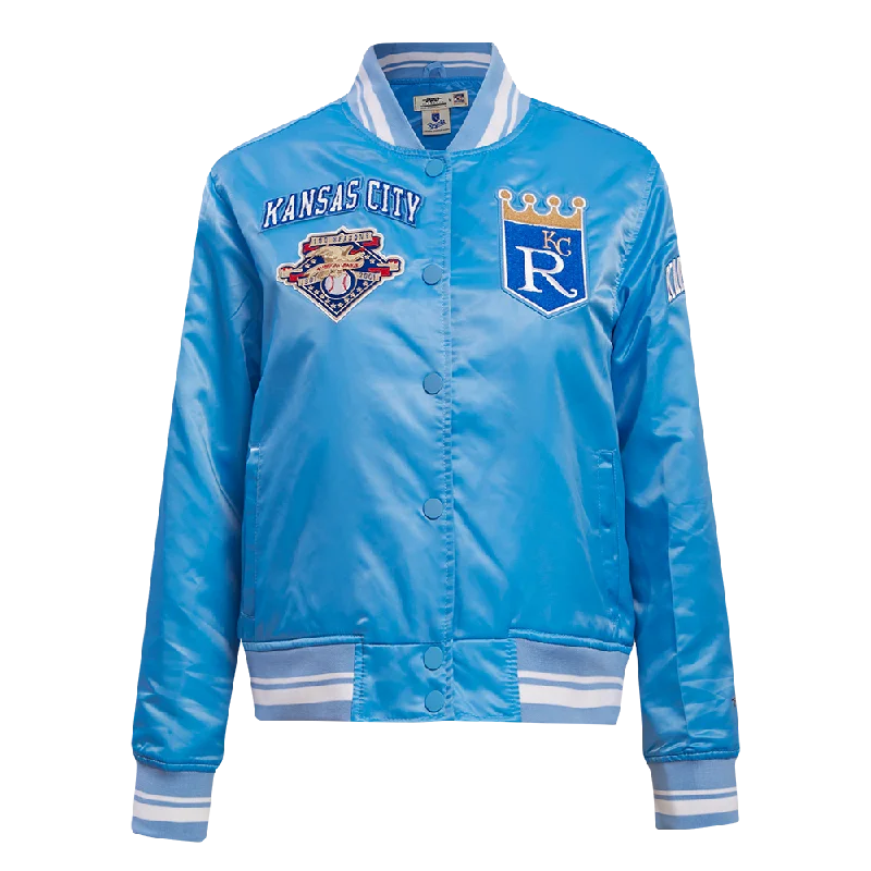 cropped wool blazer for women -MLB KANSAS CITY ROYALS RETRO CLASSIC WOMEN'S RIB SATIN JACKET (UNIVERSITY BLUE)