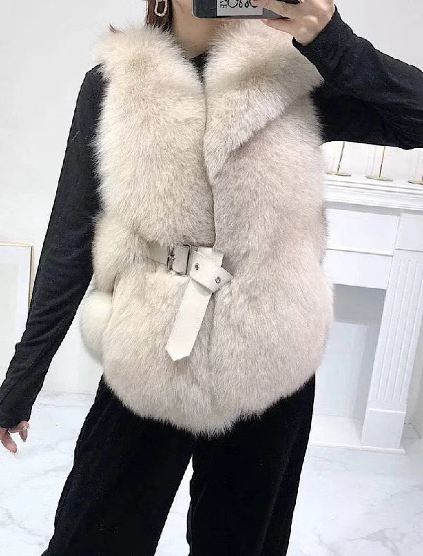 professional work blazer for women -Luxury Soft Fox Fur Gilet With Leather Belt