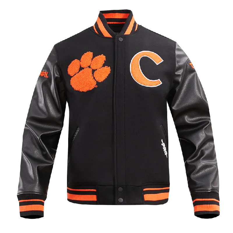 women's sherpa-lined jacket -CLEMSON UNIVERSITY CLASSIC RIB WOOL VARSITY JACKET (BLACK/ORANGE)