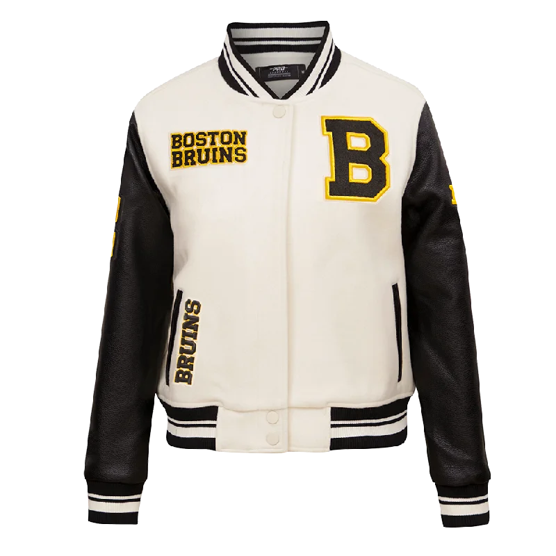 versatile casual coat for women -NHL BOSTON BRUINS RETRO CLASSIC WOMEN'S RIB WOOL VARSITY JACKET (EGGSHELL/ BLACK)