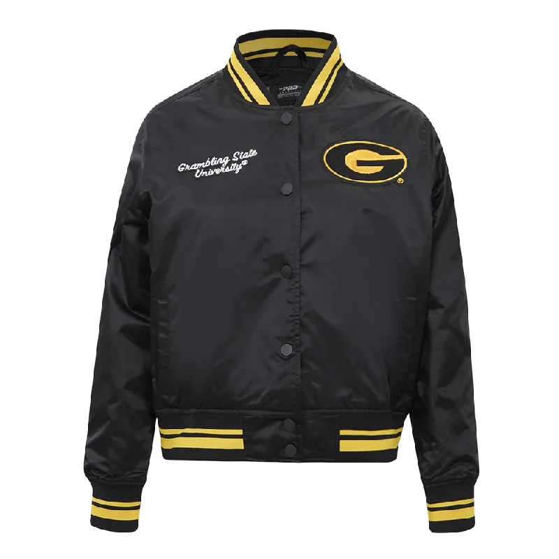 warm padded coat for women -GRAMBLING STATE UNIVERSITY CLASSIC WOMEN'S RIB SATIN JACKET (BLACK/YELLOW)