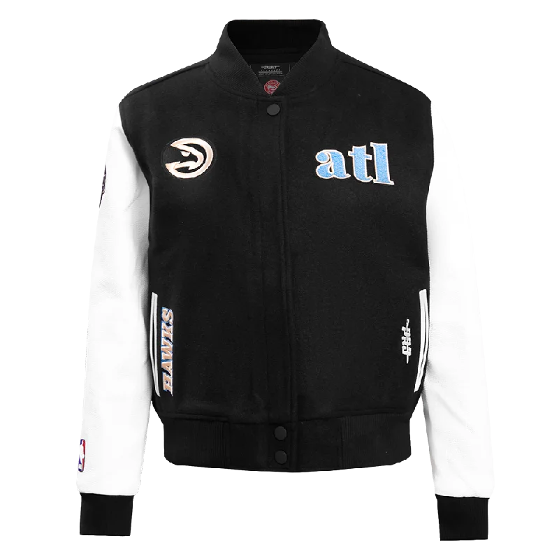 stylish leather jacket for women -NBA ATLANTA HAWKS CHEST HISTORIC WOMEN'S WOOL VARSITY JACKET (BLACK/WHITE)