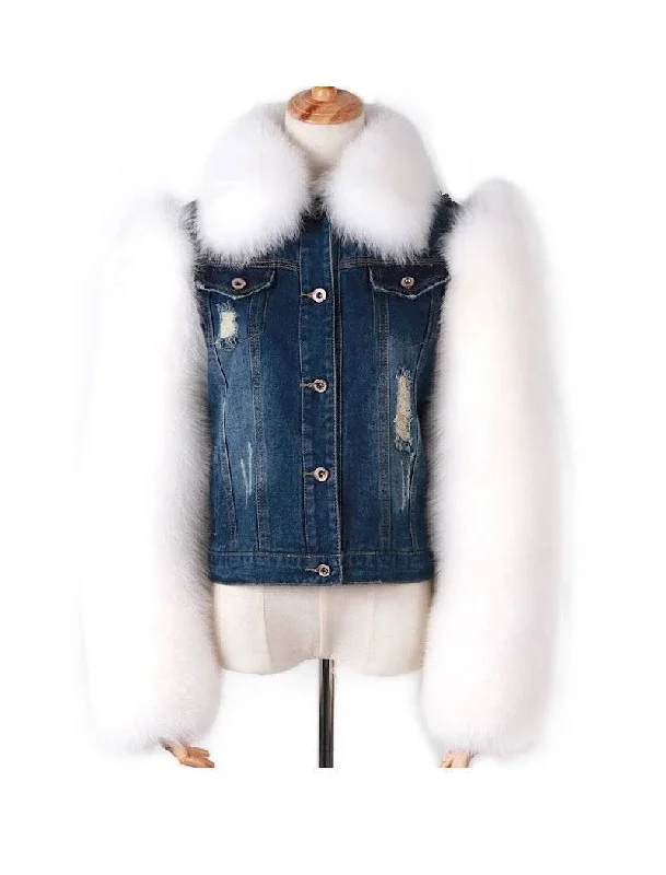 stylish women's blazer -White Fox Fur Trimmed Ripped Denim Jacket