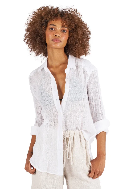 women's v-neck short sleeve shirt -Crinkle-Shirt White Oversized Linen Shirt