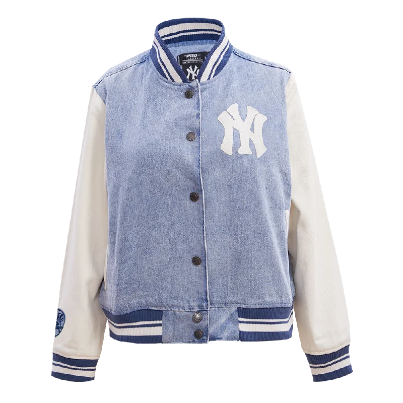 ladies' waterfall drape coat -MLB NEW YORK YANKEES VARSITY BLUES WOMEN'S DENIM VARSITY JACKET (DENIM/LINEN)