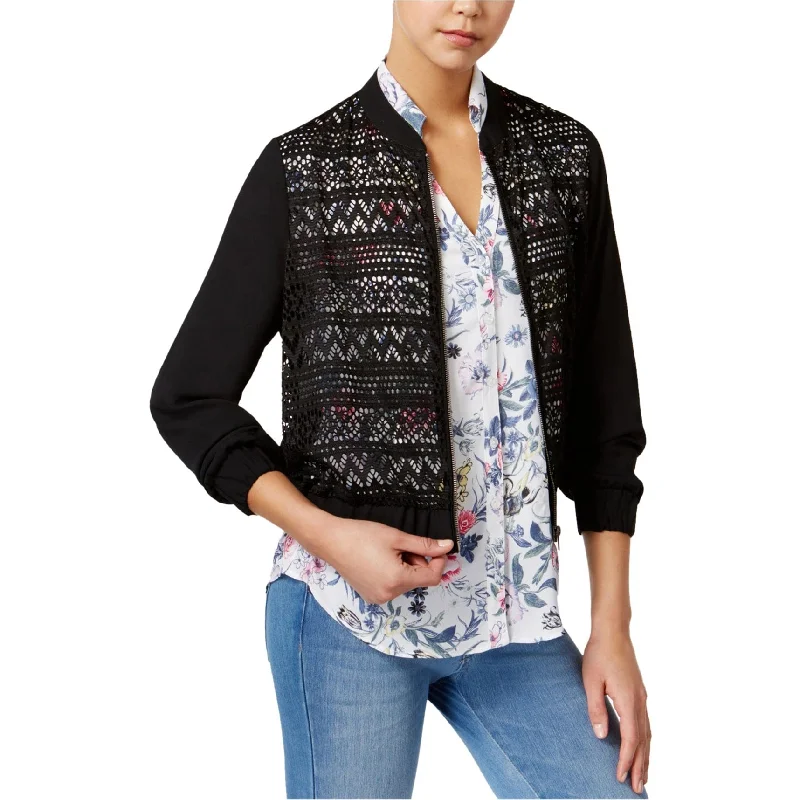 women's slim fit blazer -BCX Womens Lace Front Bomber Jacket, Black, X-Small