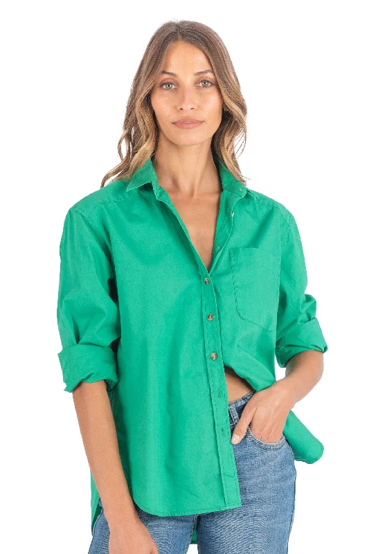 casual work short sleeve tops for women -Poppy-Cotton Green Oversized Cotton Shirt