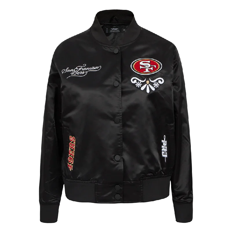 ladies' designer overcoat -NFL SAN FRANCISCO 49ERS SUGAR SKULL WOMEN'S SATIN JACKET (BLACK)