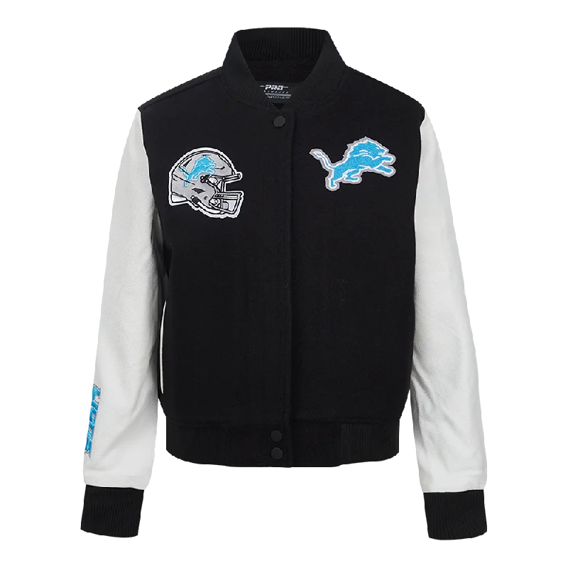 casual zip-up hoodie jacket for women -NFL DETROIT LIONS CLASSIC WOMEN'S WOOL VARSITY JACKET (BLACK/WHITE)