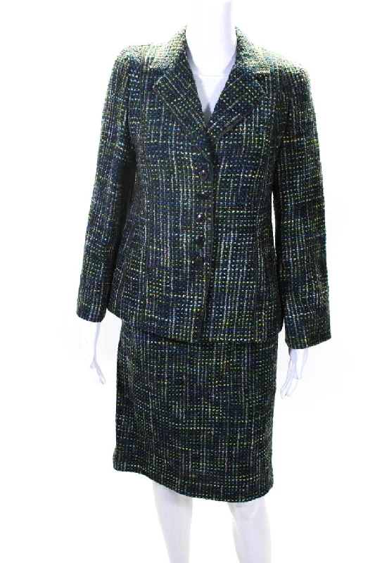 women's cropped bomber jacket -Feraud Womens Five Button Notched Lapel Tweed Skirt Suit Green