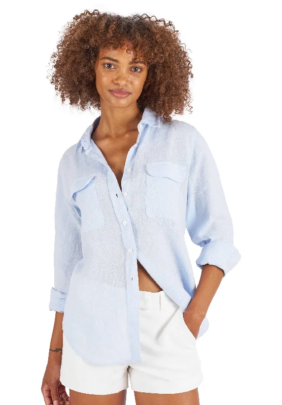 women's lightweight short sleeve hoodie -Lete-Linen Sky Blue Classic Linen Shirt With Pockets