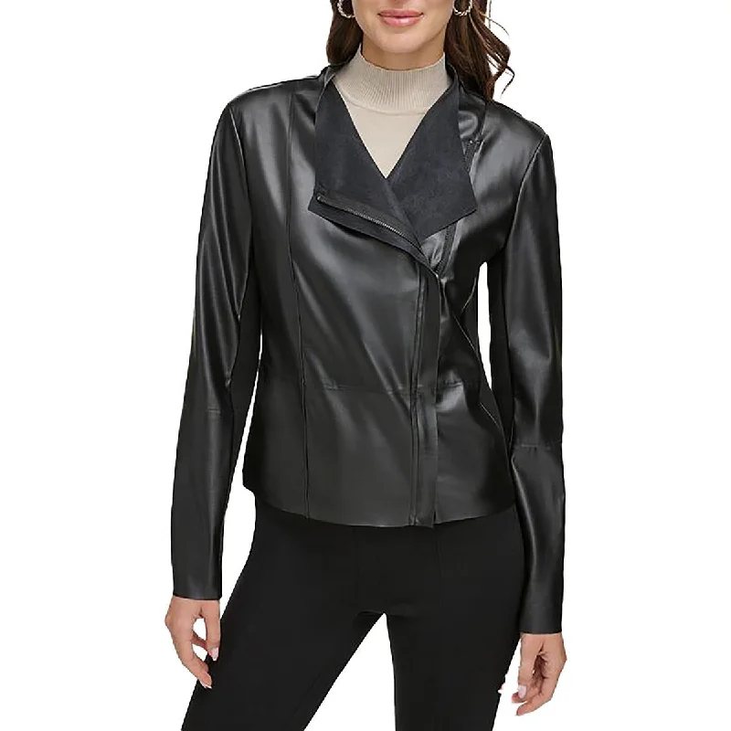 women's hooded winter jacket -DKNY Womens Faux Leather Short Motorcycle Jacket