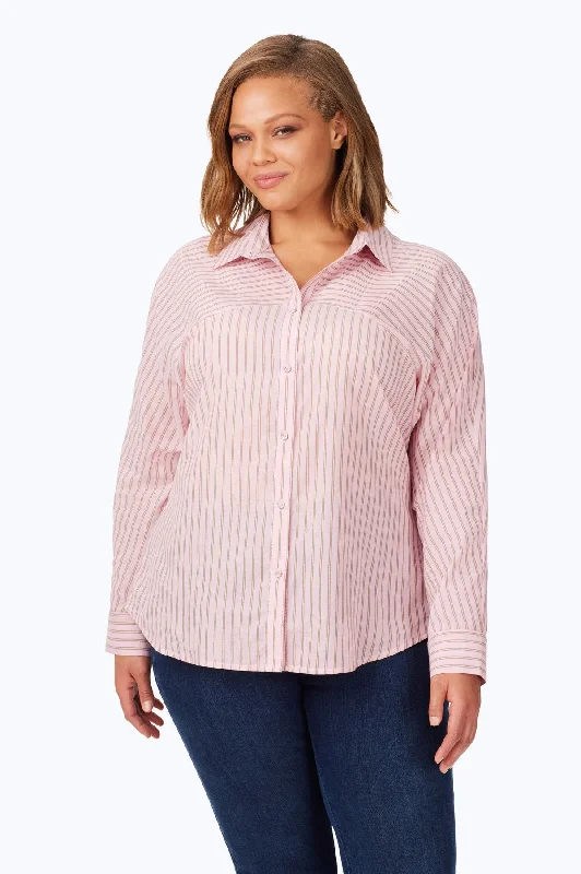 affordable short sleeve tops for women -Plus Metallic Glitzy Stripe Shirt