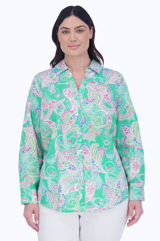 casual beachwear short sleeve tops for women -Mary Plus No Iron Green Paisley Shirt