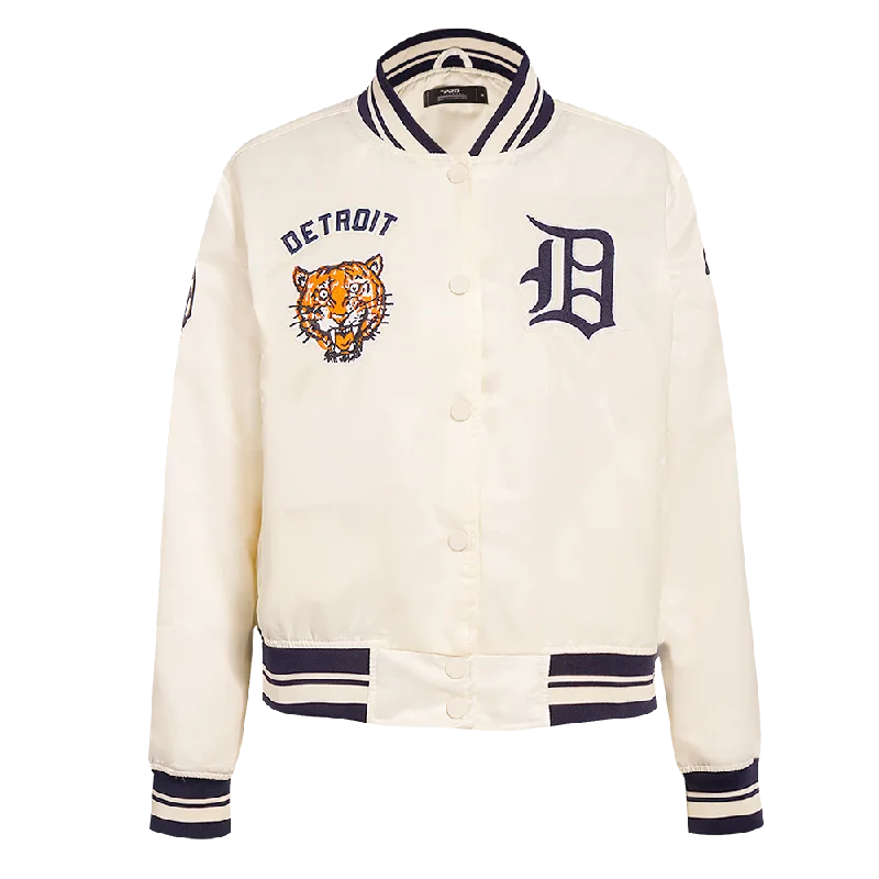 casual oversized shacket for women -MLB DETROIT TIGERS RETRO CLASSIC WOMEN'S RIB SATIN JACKET (EGGSHELL/MIDNIGHT NAVY)