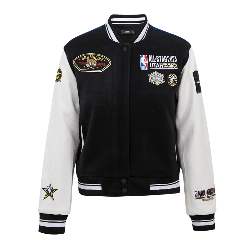 casual zip-up hoodie jacket for women -NBA X HBCU ALL STAR 2023 RIB WOOL WOMEN'S VARSITY JACKET (BLACK/WHITE)