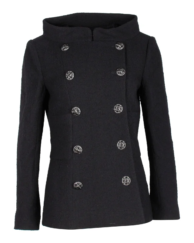 stylish longline coat for women -Chanel Double-Breasted Boat Neck Coat in Black Wool