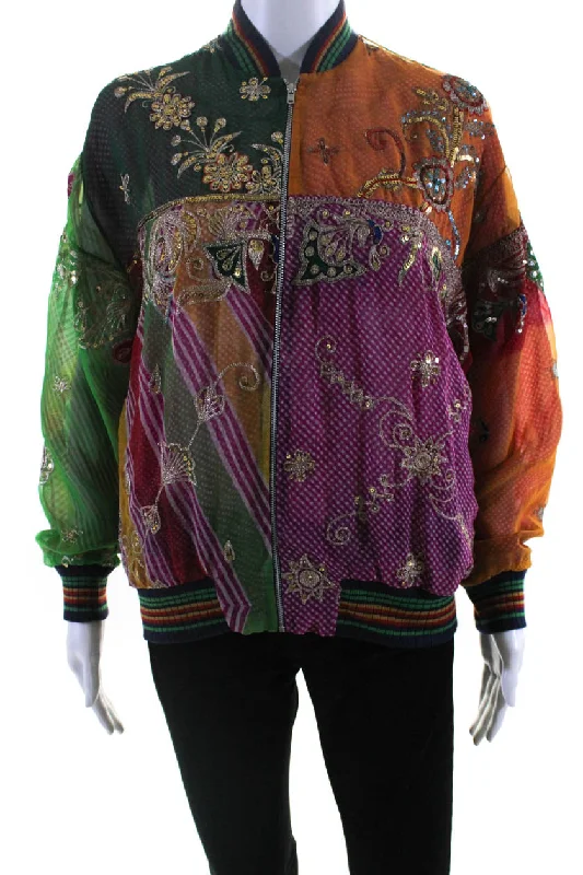 women's double-breasted coat -Ashish Womens Salvaged Sari Patchwork Embroidered Bomber Jacket Multicolor XS