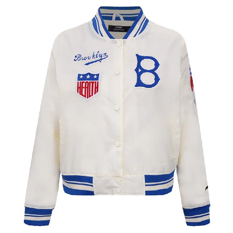 structured blazer jacket for women -MLB BROOKLYN DODGERS RETRO CLASSIC WOMEN'S RIB SATIN JACKET (EGGSHELL/ ROYAL BLUE)