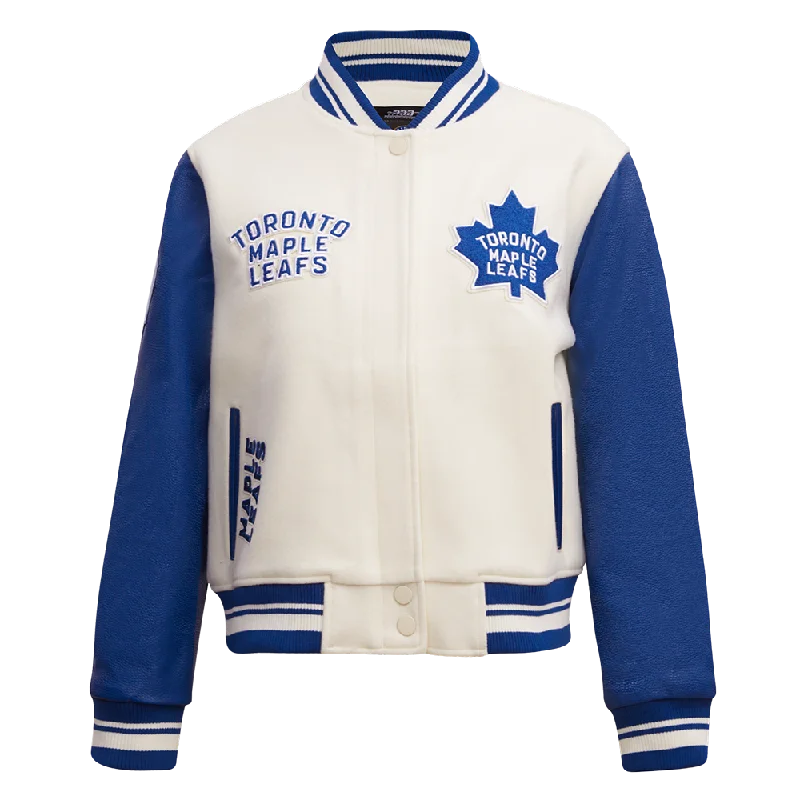 trendy plaid coat for women -NHL TORONTO MAPLE LEAFS RETRO CLASSIC WOMEN'S RIB WOOL VARSITY JACKET (EGGSHELL/DODGER BLUE)