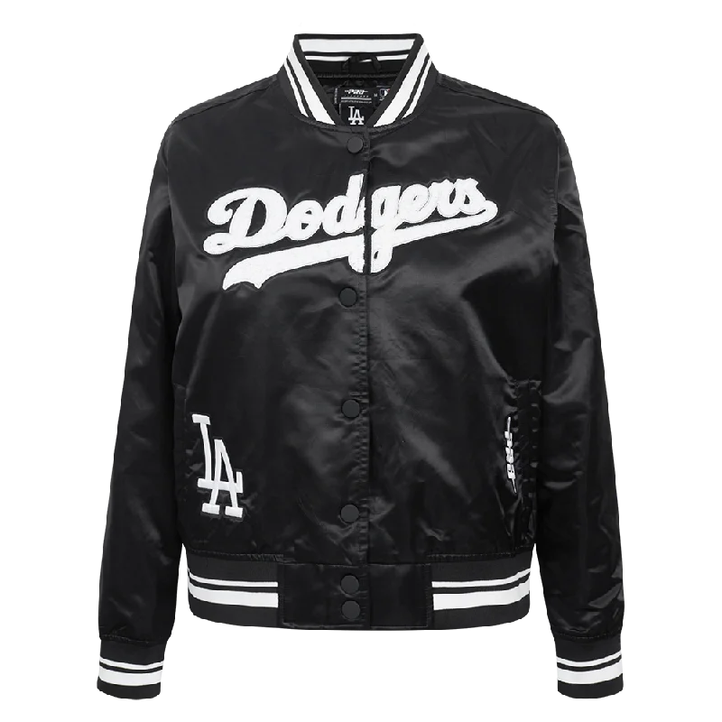 women's relaxed boyfriend blazer -MLB LOS ANGELES DODGERS PEARLS WOMEN'S RIB SATIN JACKET (BLACK)