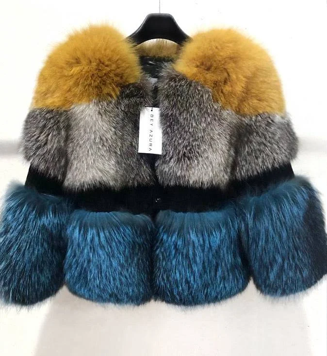 sustainable eco-friendly coat for women -Three Color Fox Fur Coat