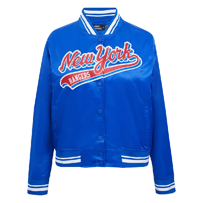 women's casual denim jacket -NHL NEW YORK RANGERS SCRIPT TAIL WOMEN'S SATIN JACKET (ROYAL BLUE)