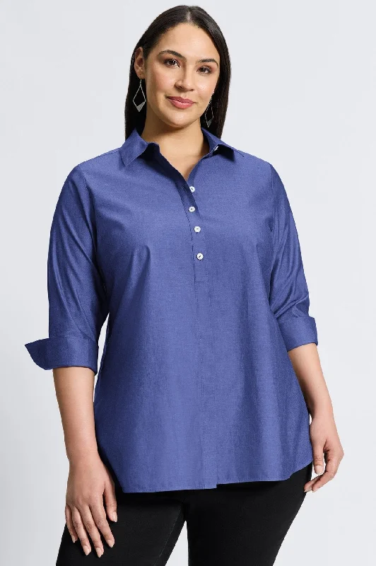 ladies' round neck short sleeve top -Madison Plus Essential Pinpoint No Iron Tunic