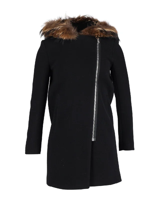 winter-ready women's parka -Sandro Henry Fox Fur-Trimmed Coat in Black Wool