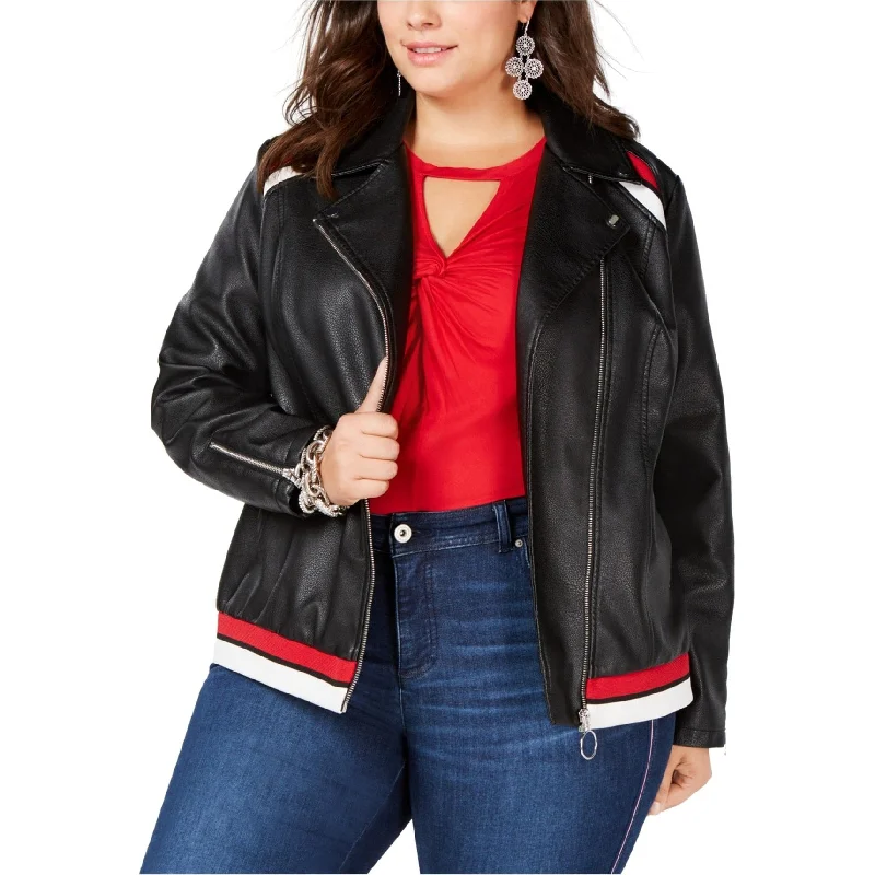 oversized women's coat -I-N-C Womens Varsity Stripe Motorcycle Jacket, Black, 1X