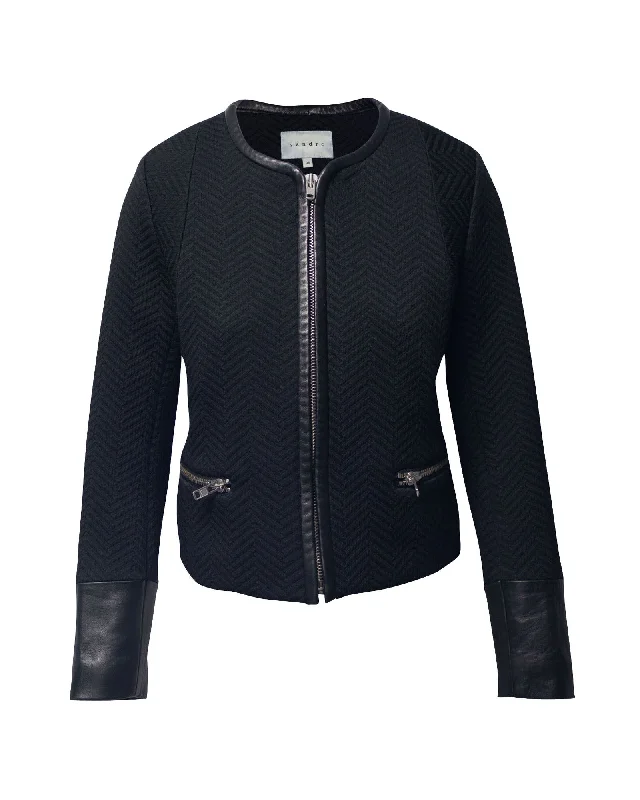 sleek minimalist coat for women -Sandro Paris Jacket with Leather Cuffs in Black Polyester